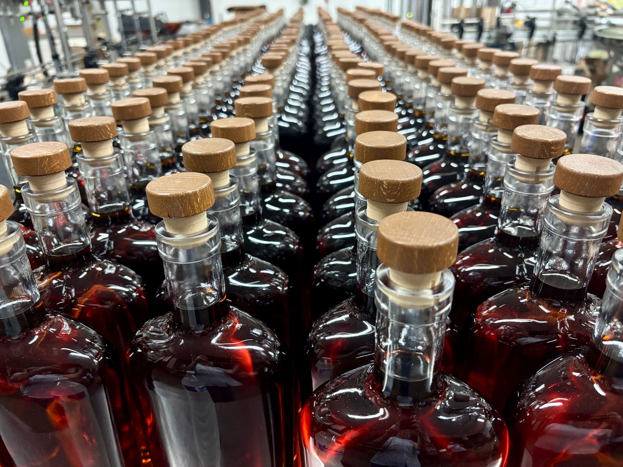 Bottles of bourbon filled and ready for delivery